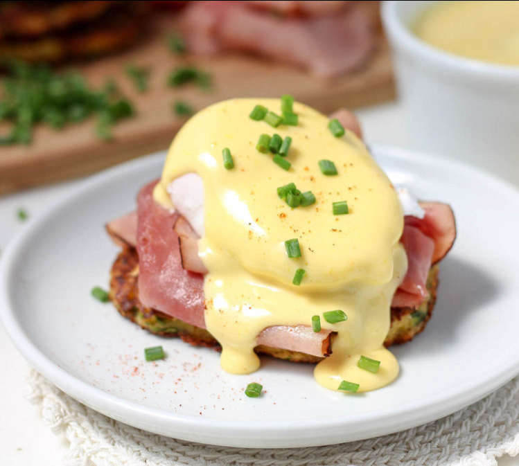 Zucchini Fritter Eggs Benedict with Prosciutto and Tomato