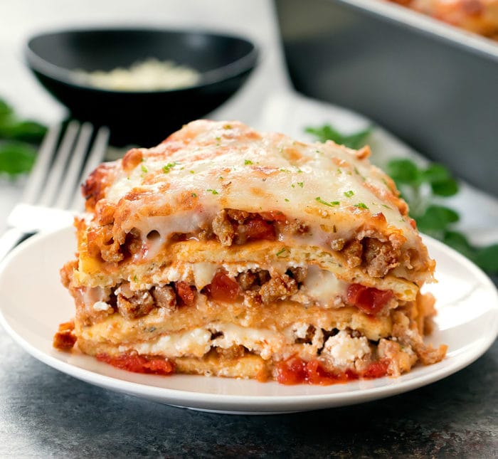 keto lasagna from cheese dough noodles is ready for serving