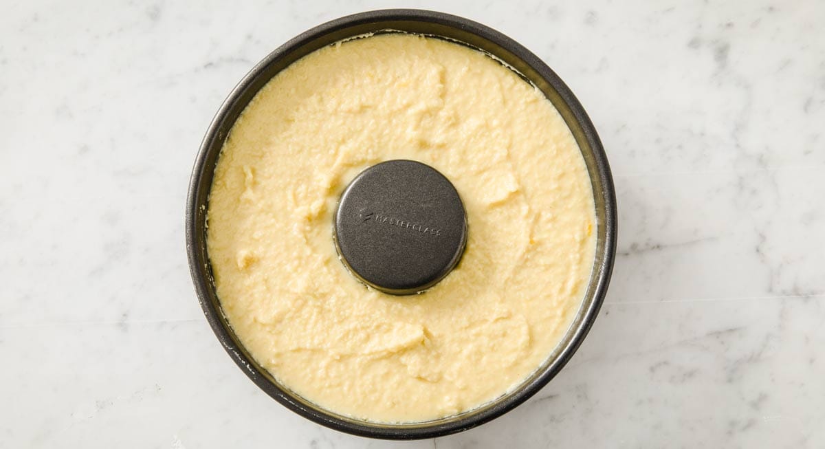lemon pound cake in bundt tin before baking
